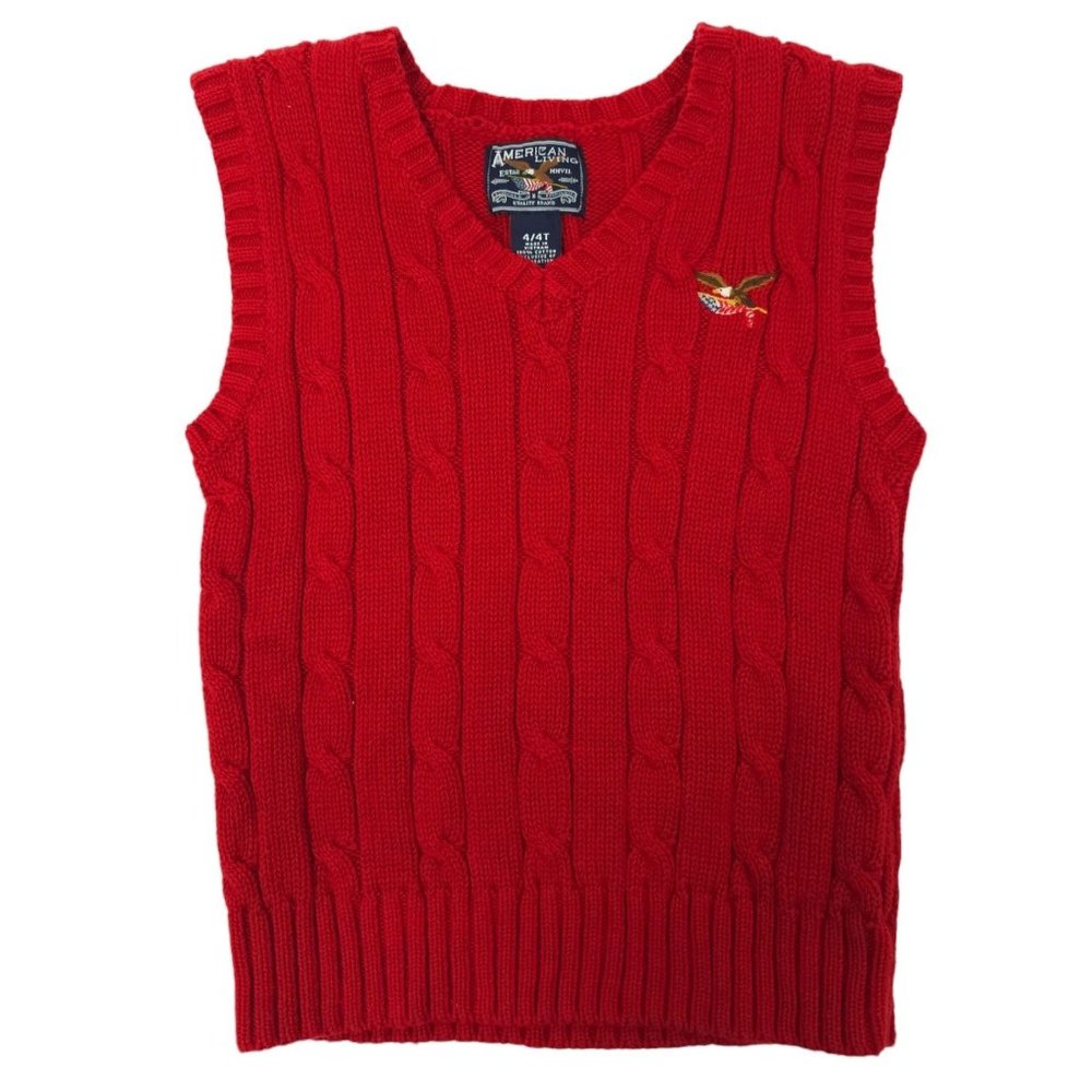 American Living Cable Knit Sweater Vest Boys 4/4T V Neck Pullover Red Eagle Flag